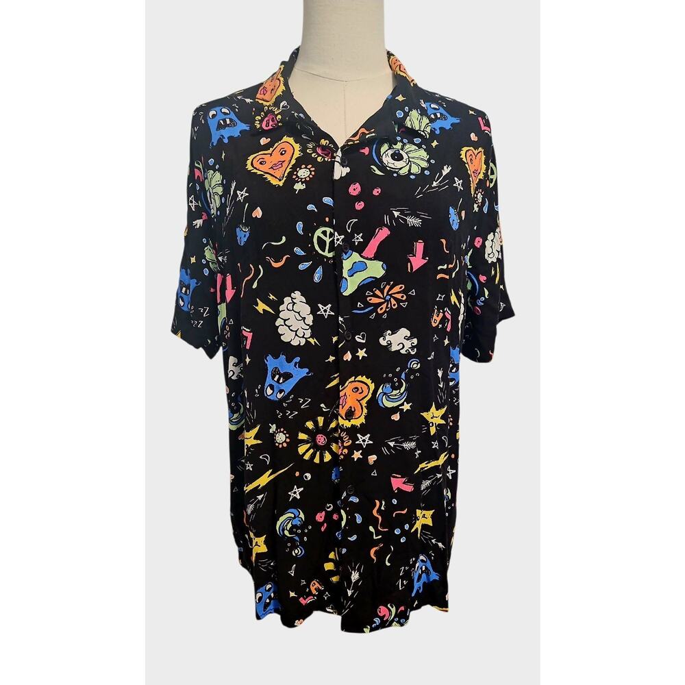 4th Dimension Men's Collar Button Shirt Peace Stars Lightning Sz L Wild Print